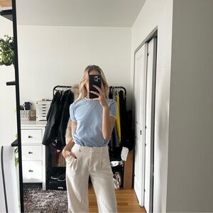 Light Blue T-Shirt and Cream Pants